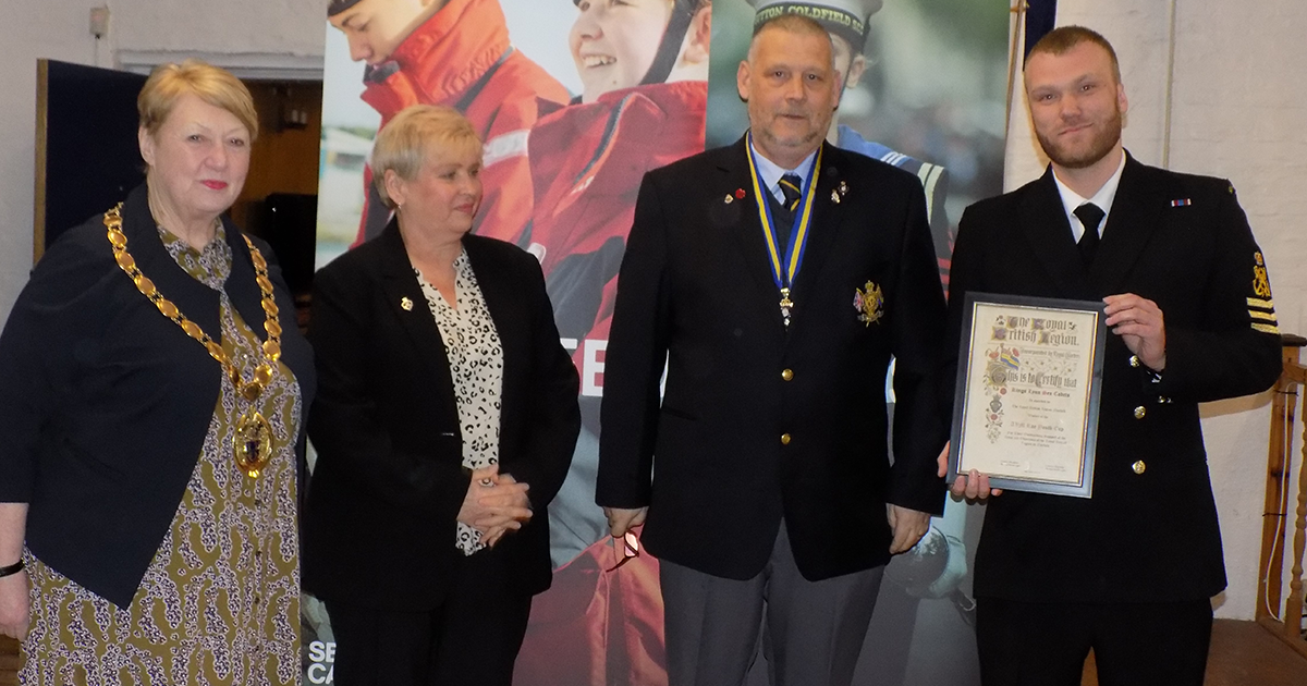 Mayor Bambridge and representatives of the Royal British Legion, who awarded King's Lynn Sea Cadets the Roe Youth Cup, accepted by Petty Officer Kurt Massen Mayor Bambridge and representatives of the Royal British Legion, who awarded King's Lynn Sea Cadets the Roe Youth Cup, accepted by Petty Officer Kurt Massen